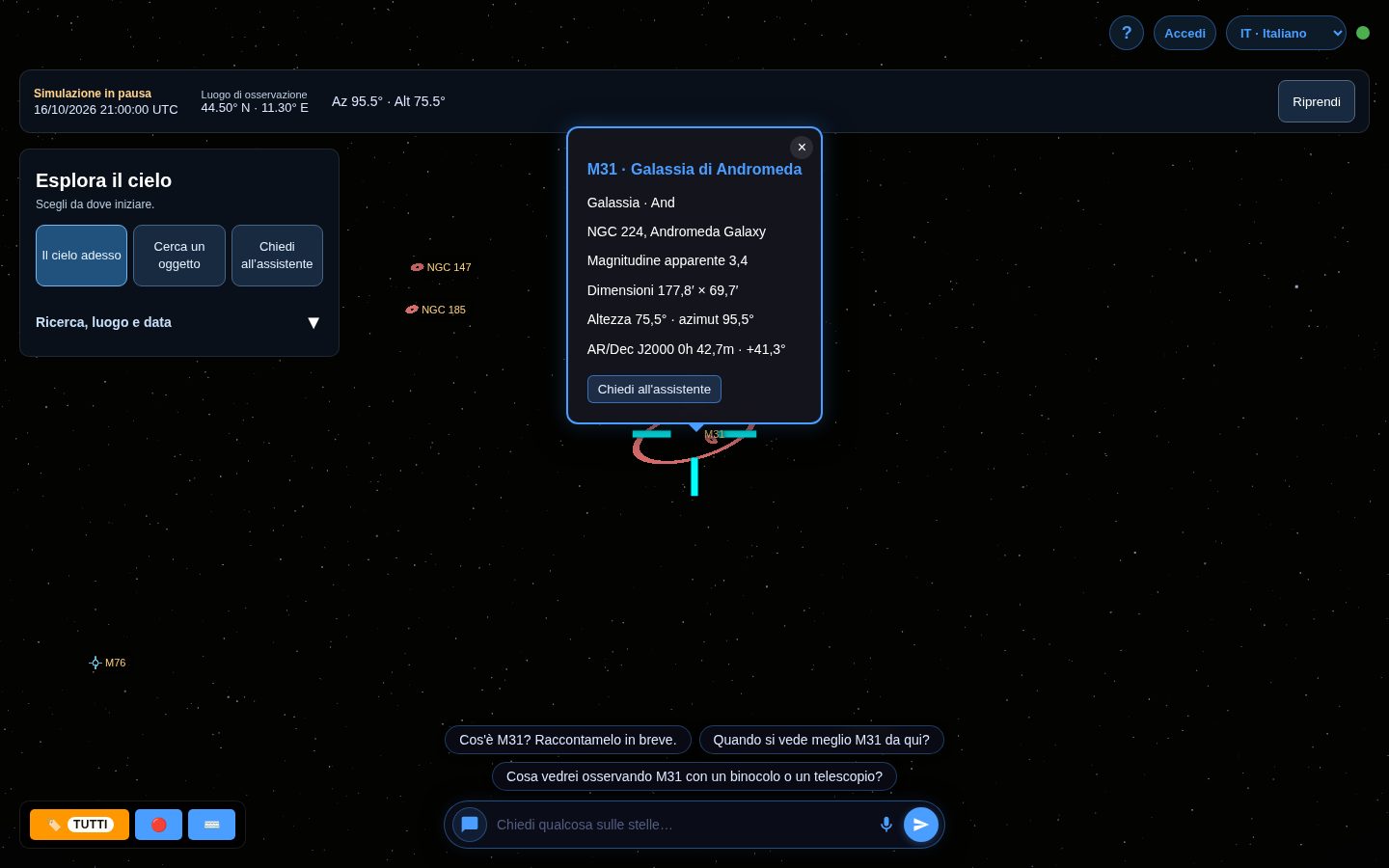 Galassia di Andromeda con la sua scheda